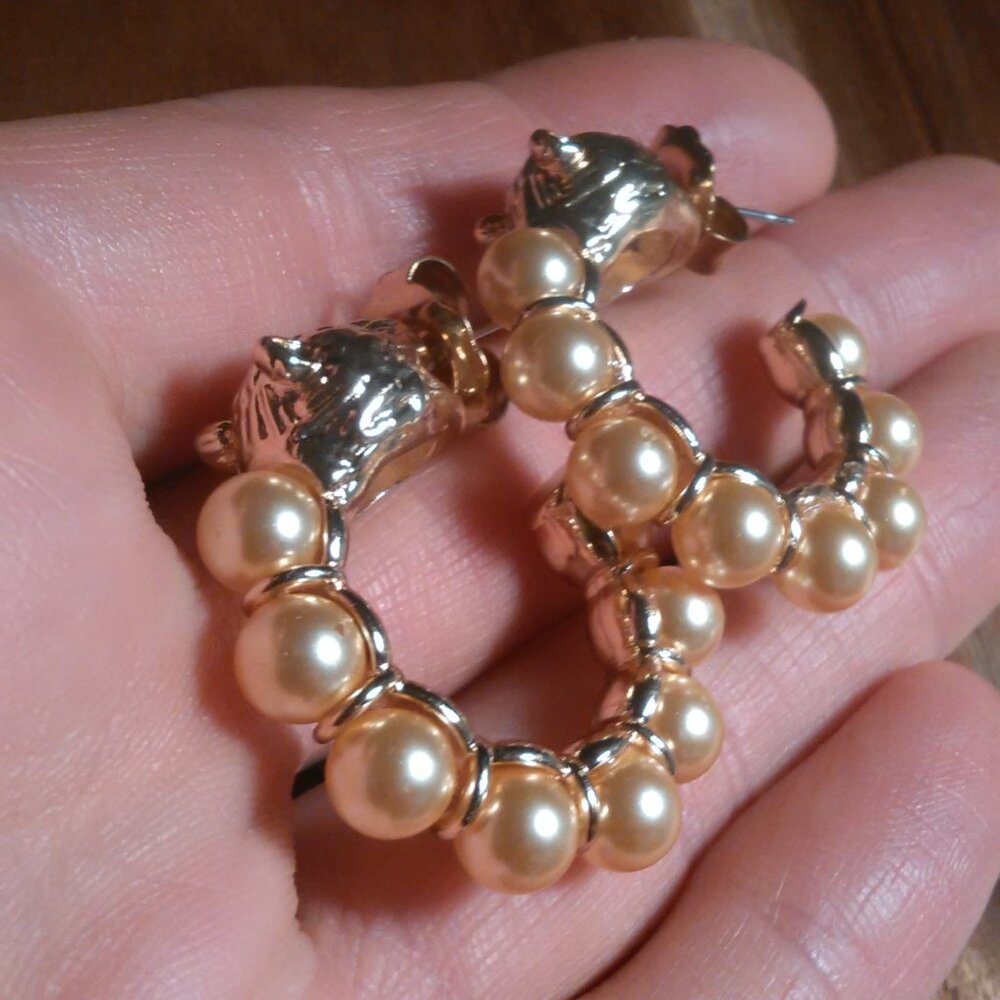 Golden Shell Pearl and Leopard Lock Goldtone Half Hoop Earrings